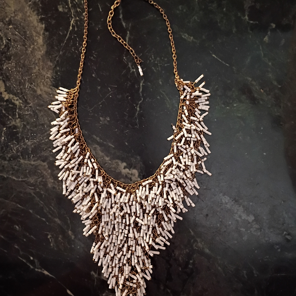 Chic Gold and White Fringe Necklace